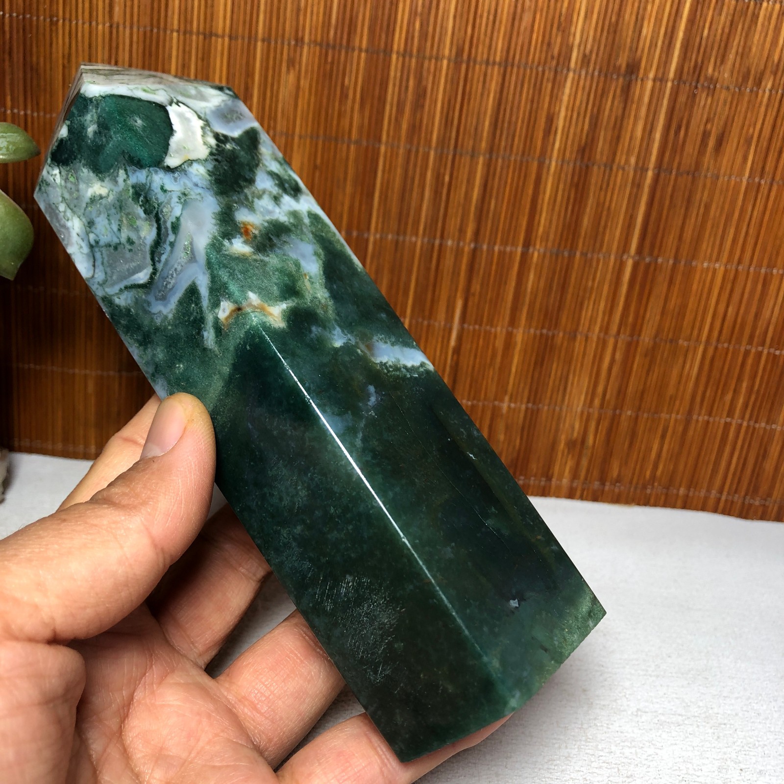 157mm Natural Polish Moss Agate Multiple veins Crystal Wand free standing A2286
