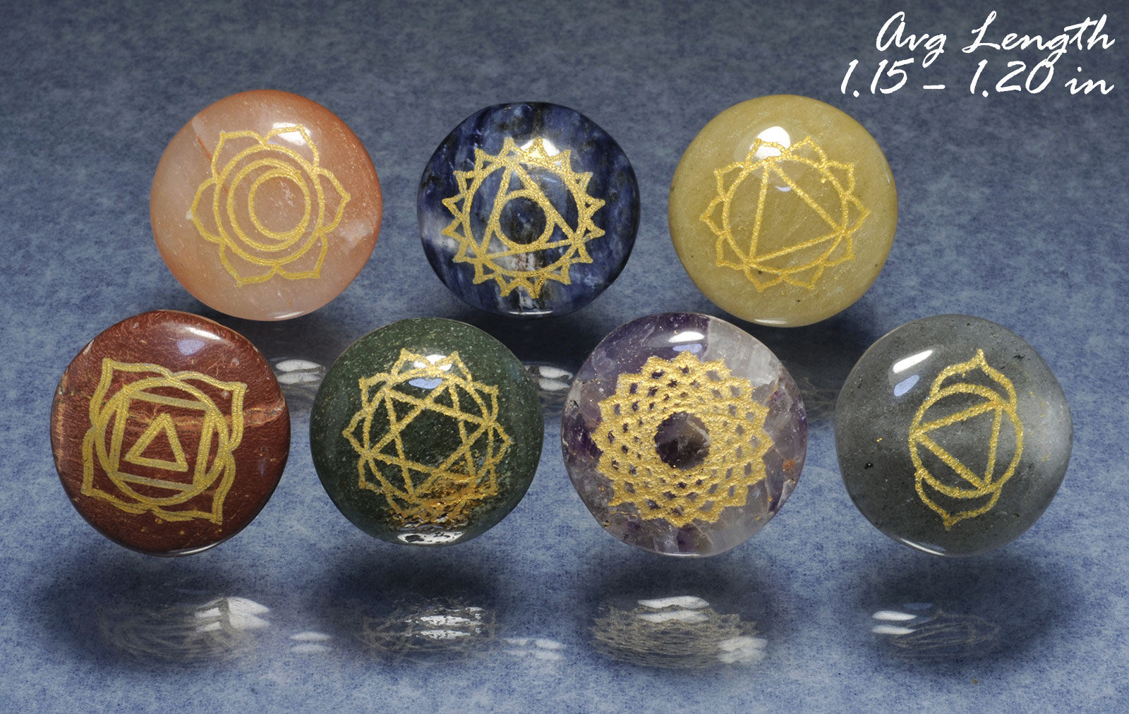 CHAKRA (7) STONE SET ROOT SACRAL SOLAR PLEXUS HEART THROAT THIRD EYE CROWN
