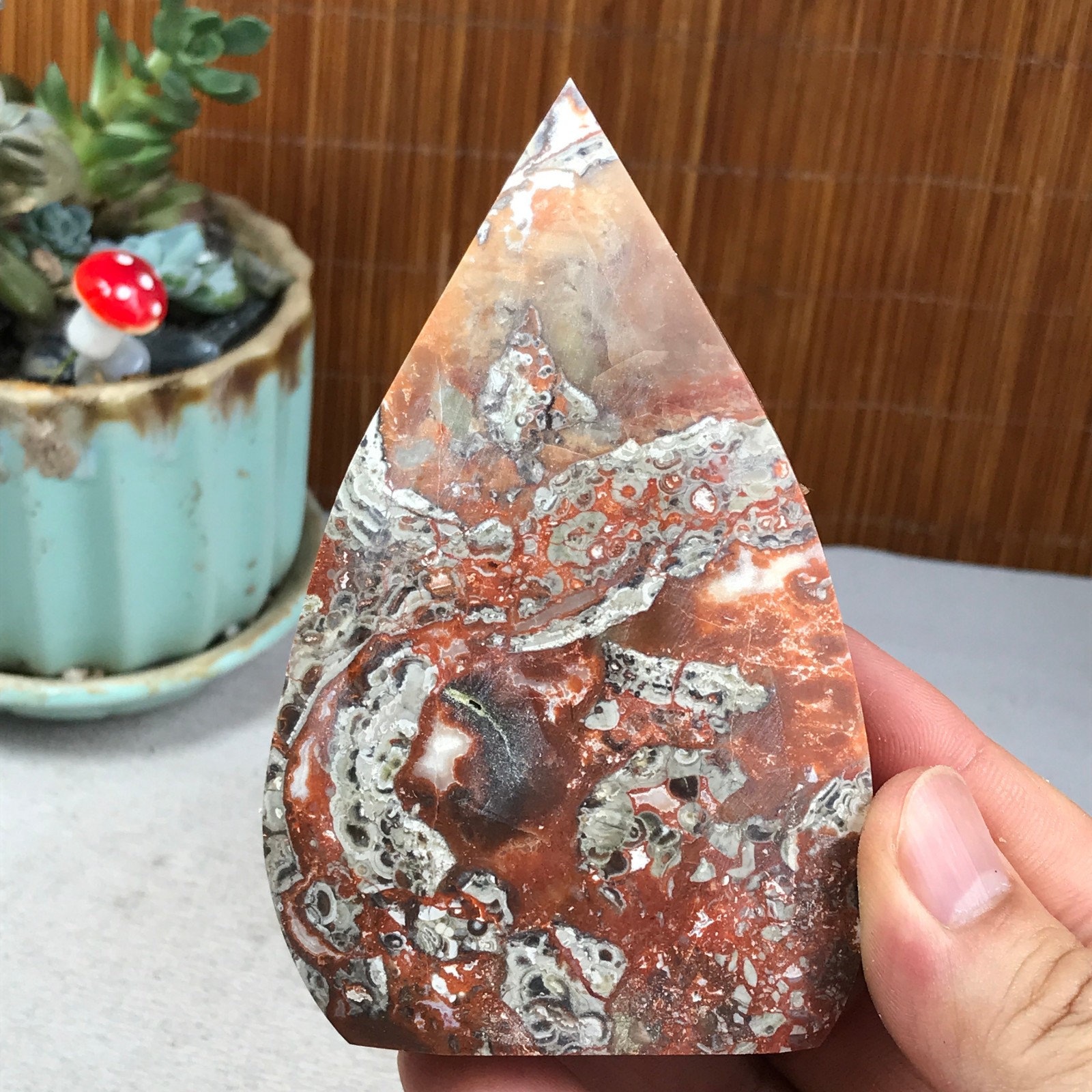 Natural money Mexico agate hand carve leaf Crystal Specimen free standing A6270