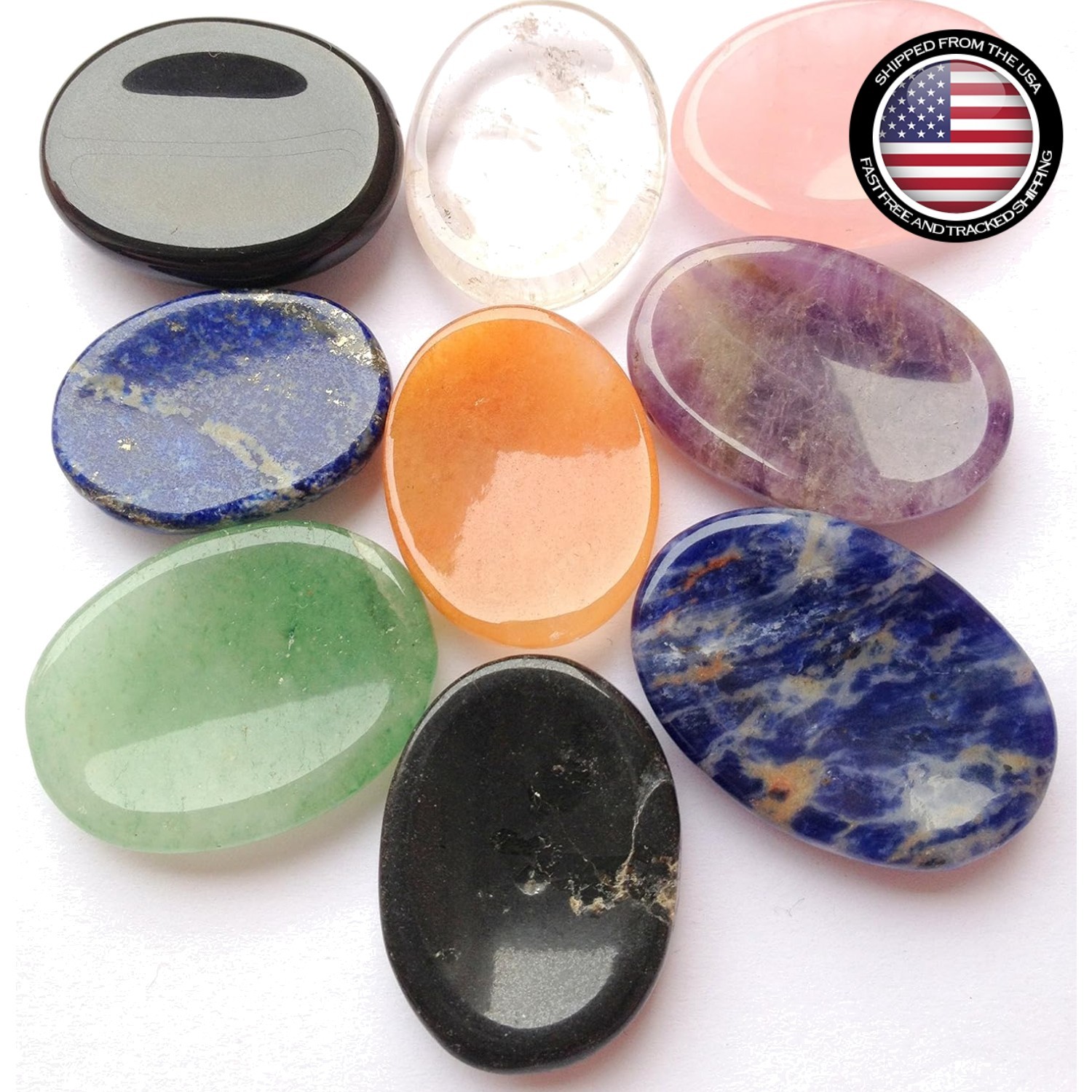 Elegant Lot of 9 Gemstone Worry Stones for Positive Energy and Emotional Balance