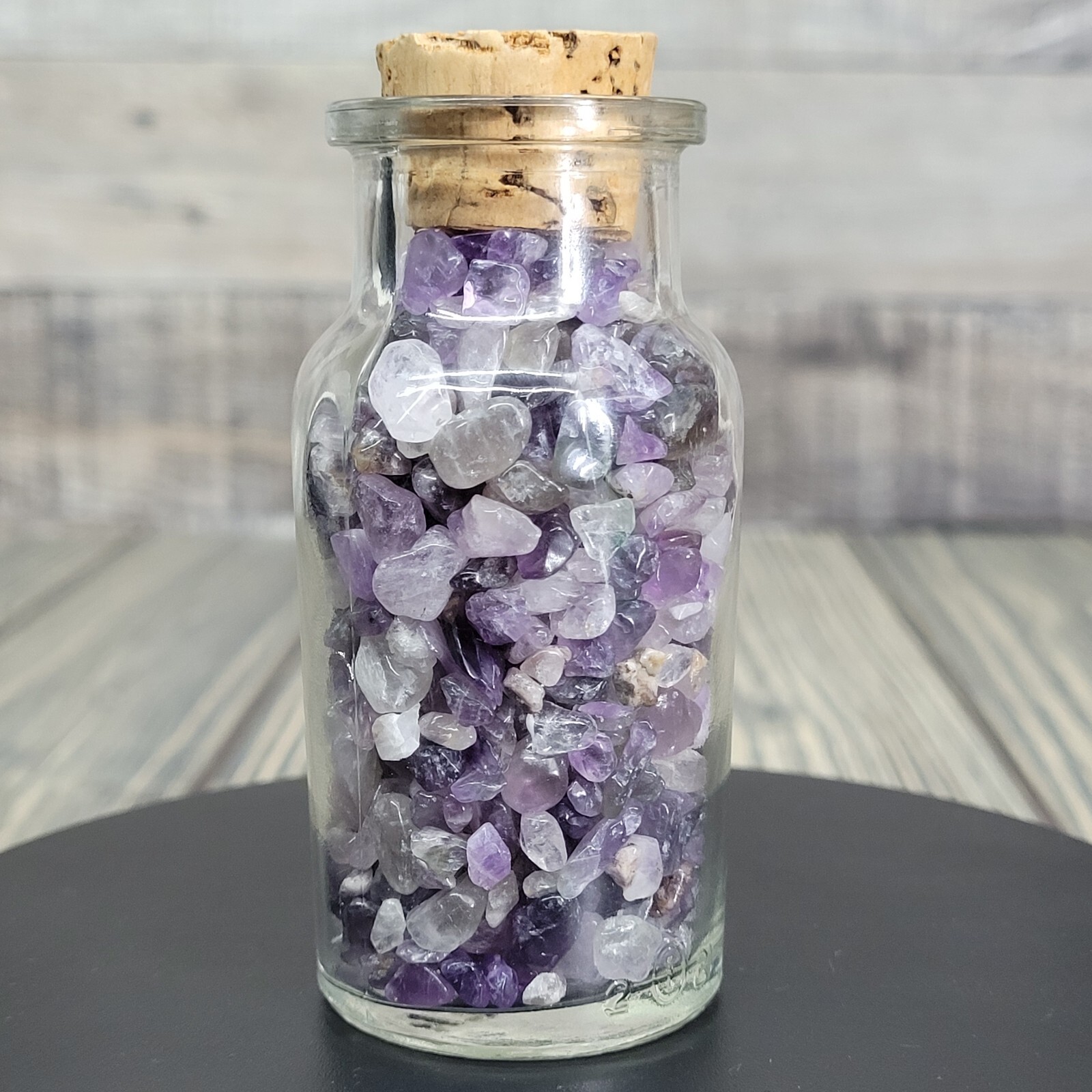4oz Amethyst Tumbled Crystal Chips in Vintage Apothecary Glass Jar Wagner w/Cork