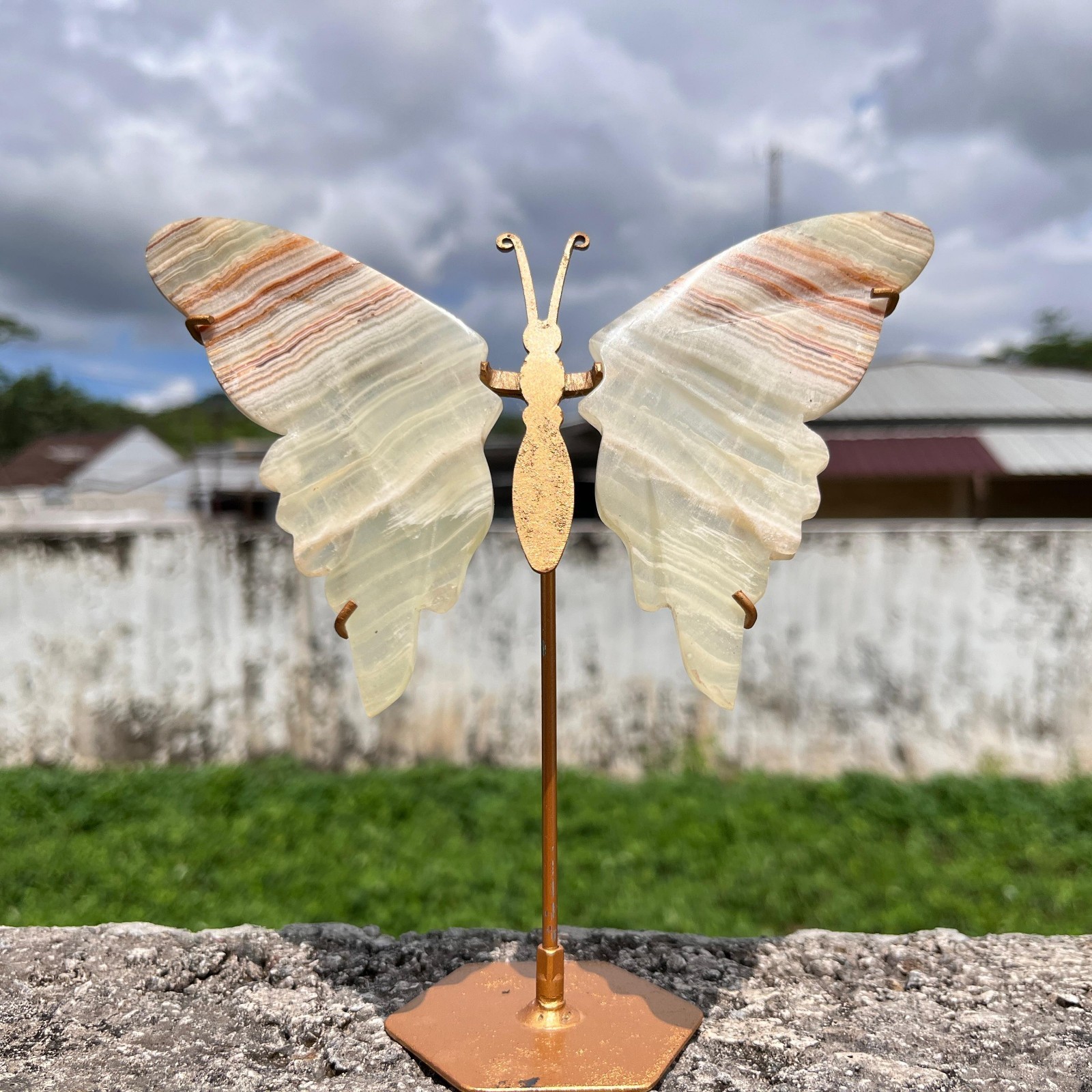 Banded Onyx Butterfly Wings For Display, Healing Quartz Crystal Wing + Stand