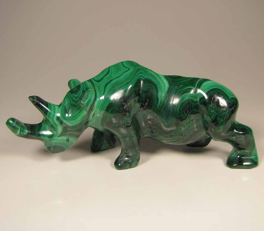4.3″ Handcarved MALACHITE RHINOCEROS Gemstone Animal Carving – Congo, Africa