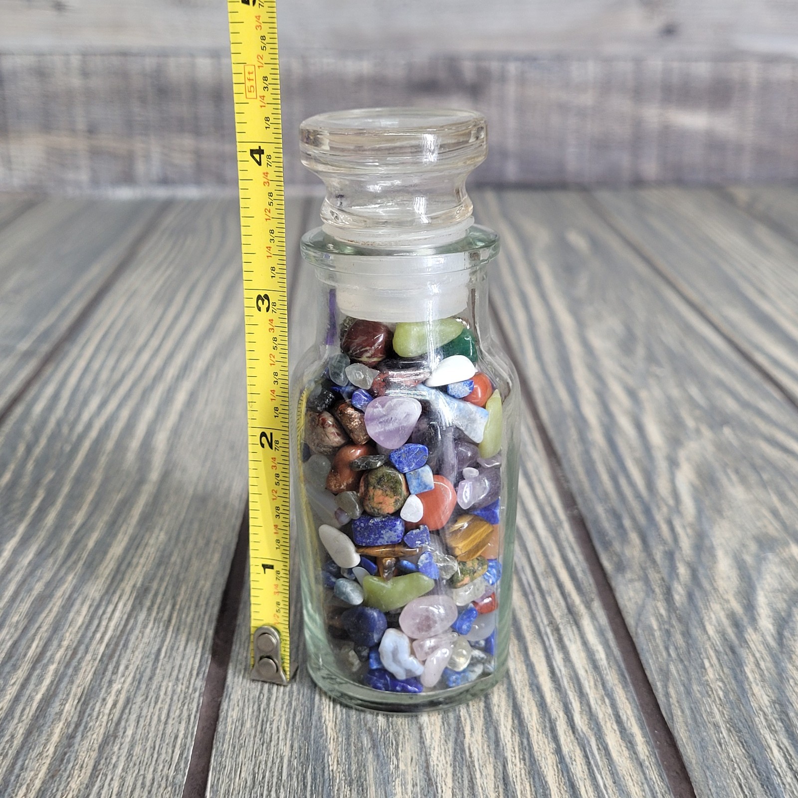 4oz Mixed Crystal Small Tumbles in Vintage Apothecary Glass Spice Jar w/ Stopper
