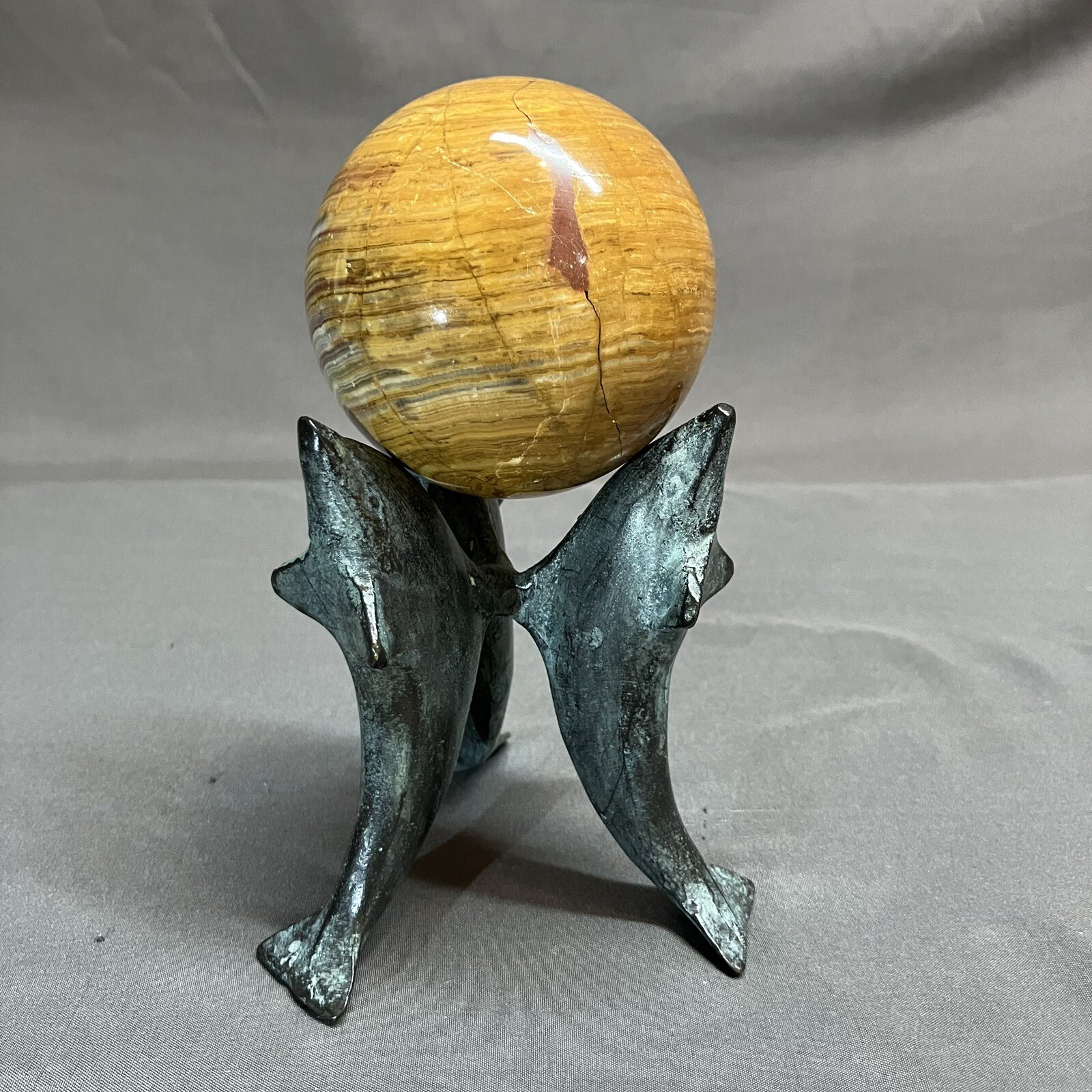 3” Banded Gemstone Dolphin Stand / Onyx ? Stone / Sphere Ball / 76mm / REPAIRED