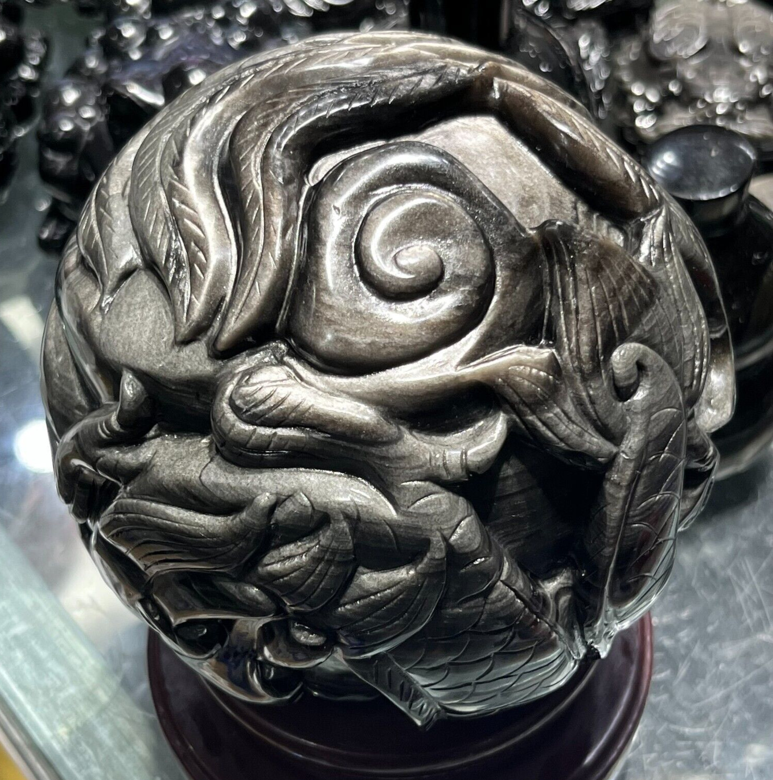 2220g Natural Silver Obsidian Crystal Sphere Healing(Dragon and Phoenix Pattern)