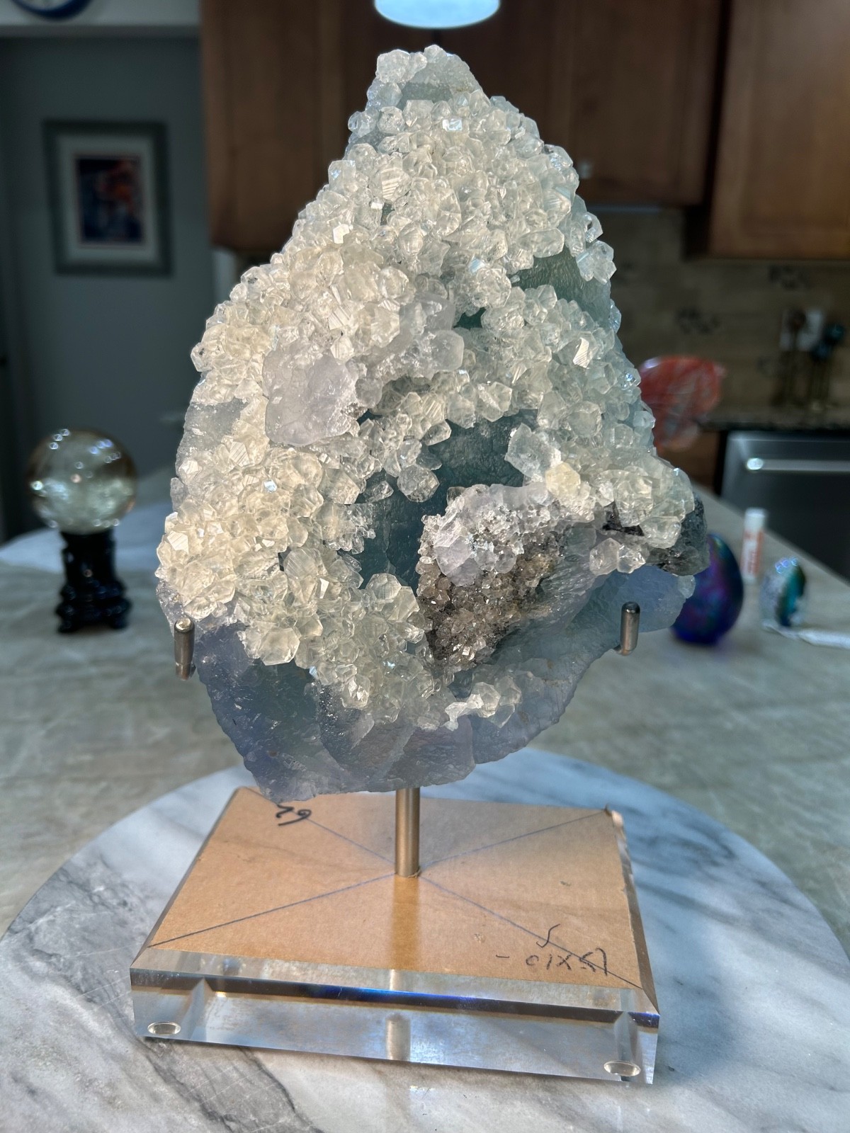 Blue, Green Fluorite Calcite specimen Freeform on acrylic stand UV reactive