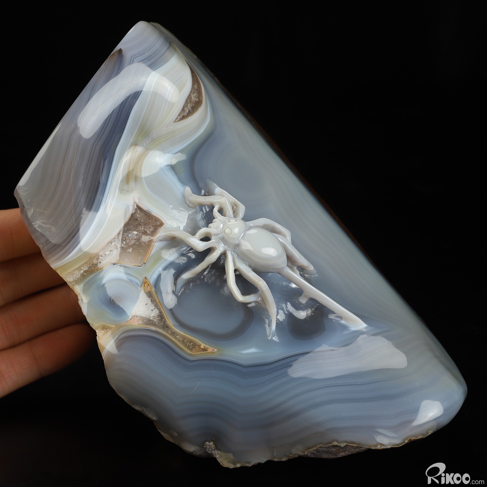 5.4″ Banded Agate Hand Carved Crystal Spider Sculpture, Crystal Healing