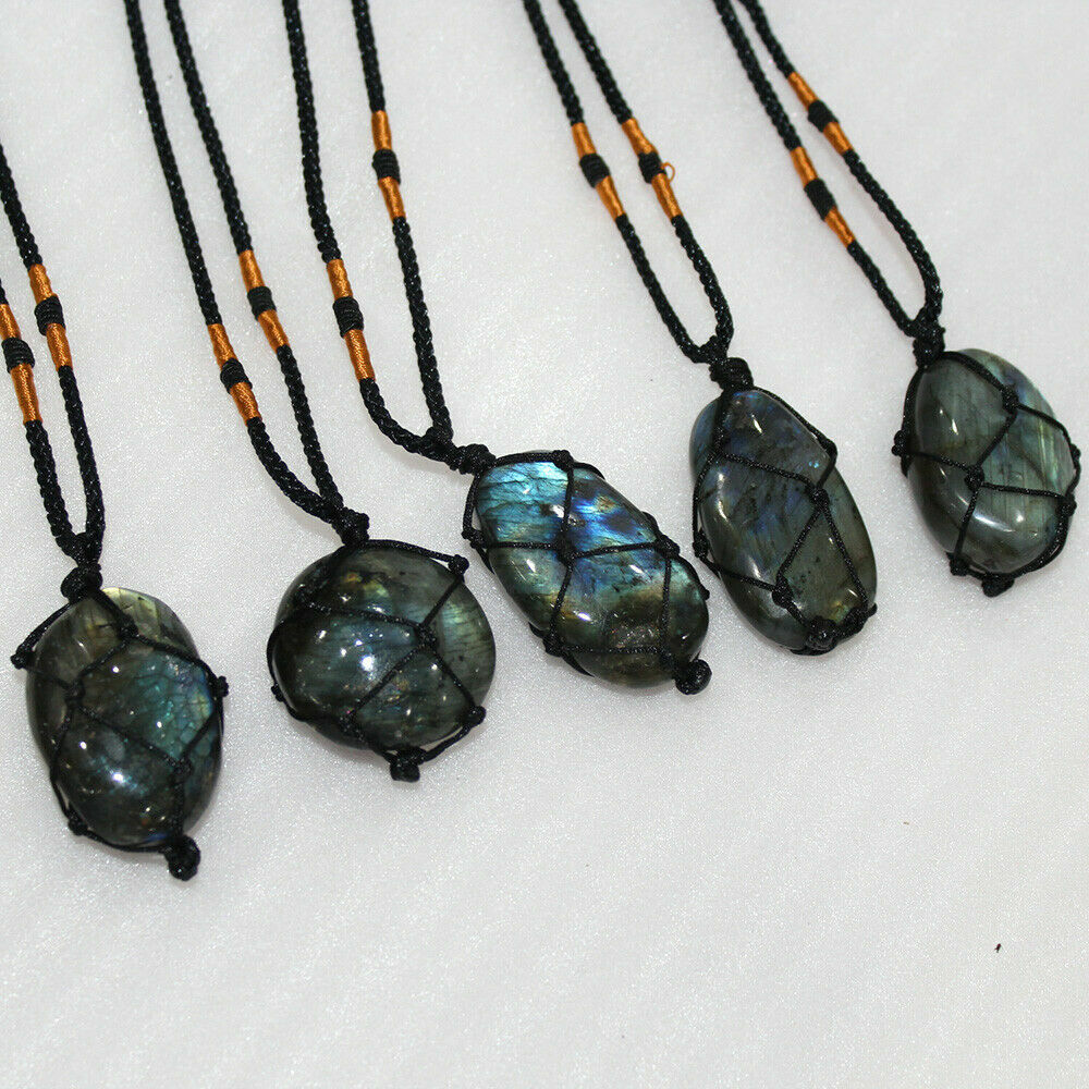Wrap Women Mens Natural Stone Necklace Labradorite Pendant Crystal Moonstone US
