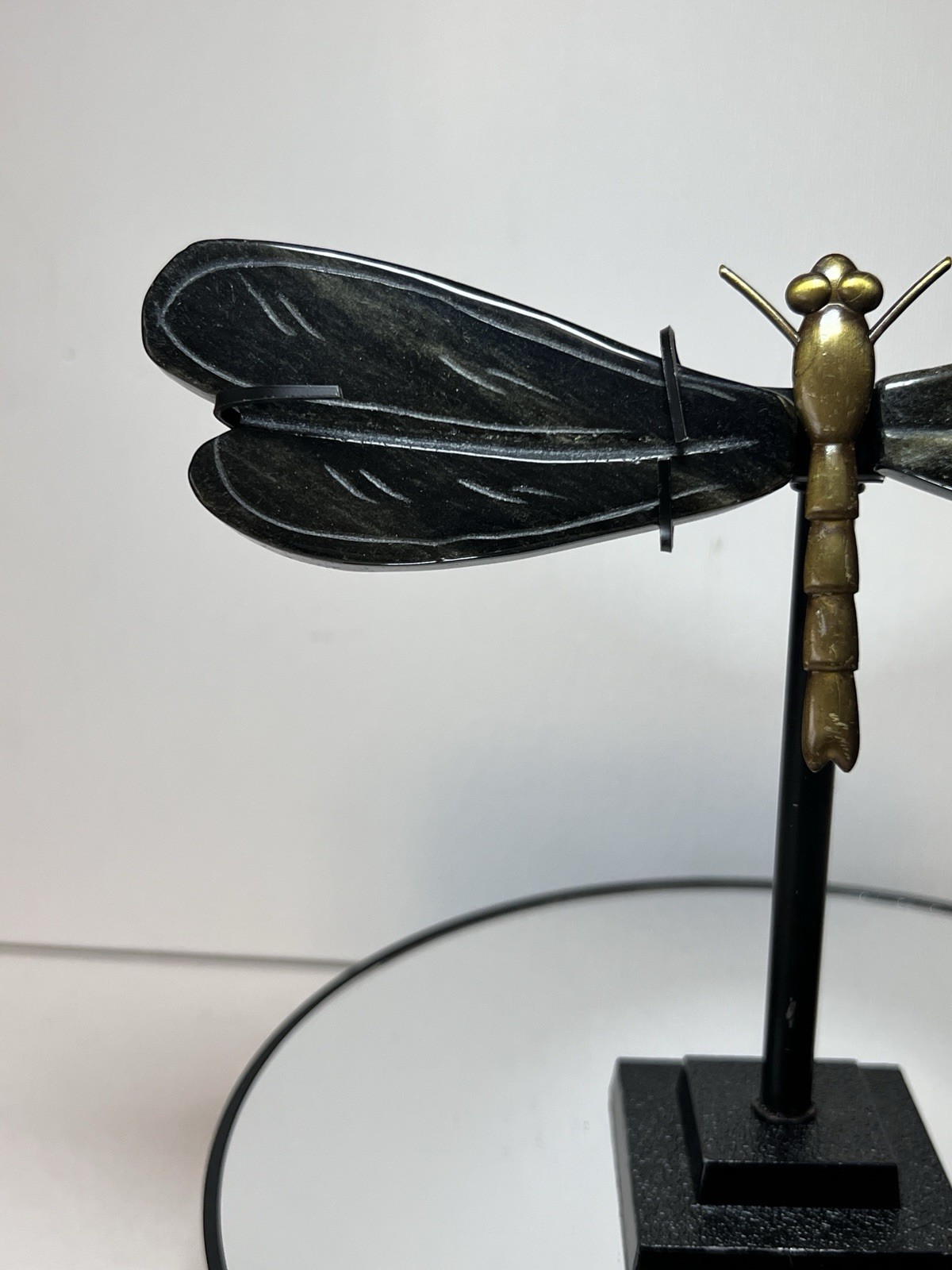 Golden Sheen Obsidian Dragon Fly Carving W/Holder – Measurements In Photos
