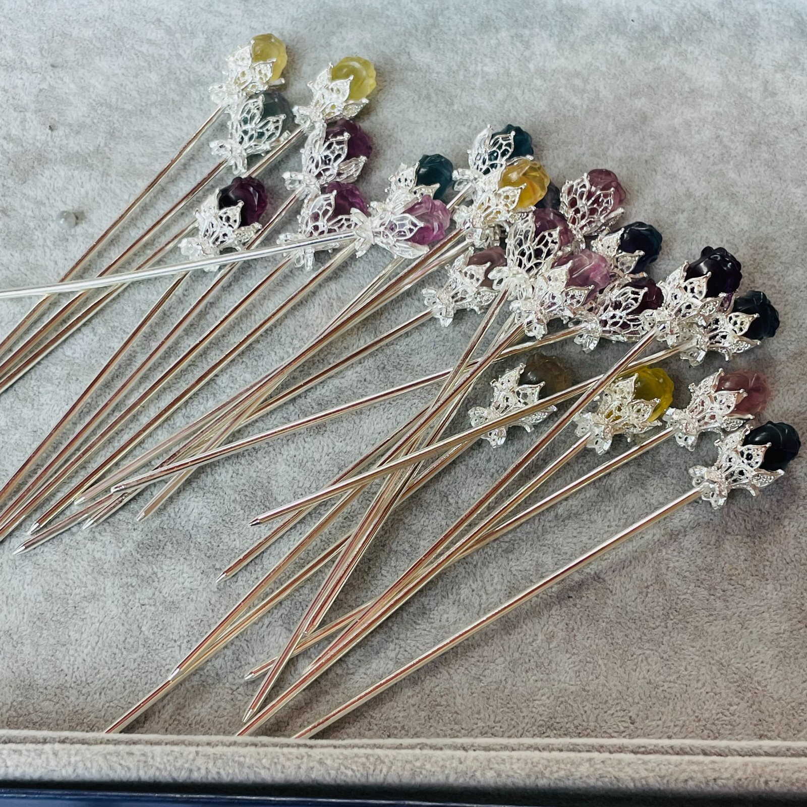 5pc Natural fluorite carved rose hairpin quartz crystal reiki healing