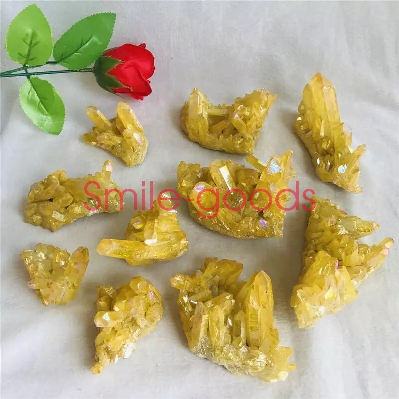 80g Natural Aura Yellow Titanium Stone Quartz Crystal Cluster Specimen Gift