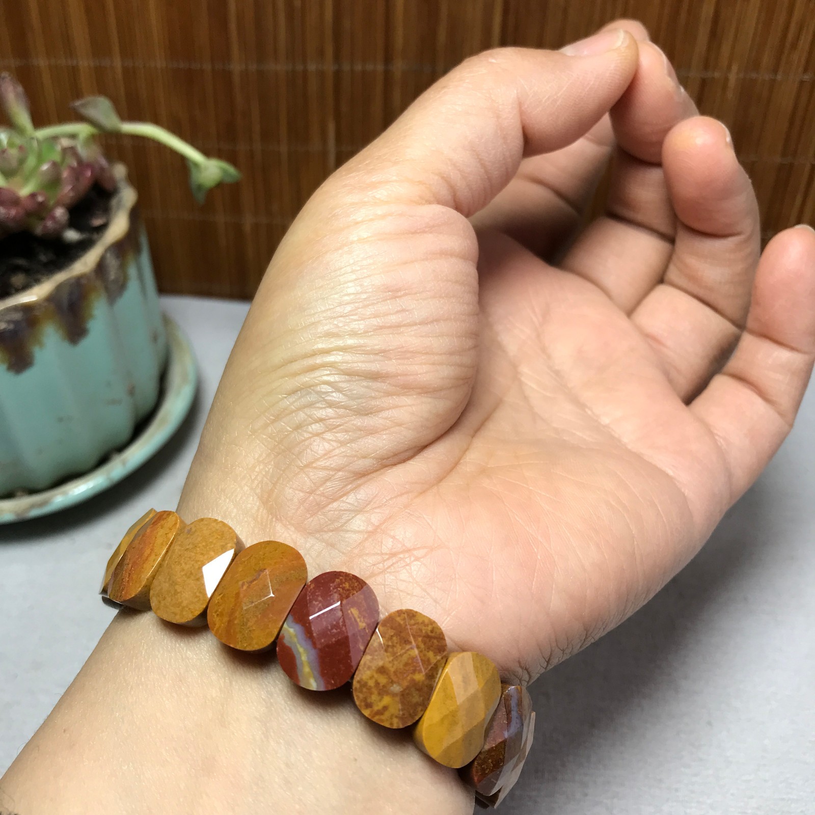 Natural Colored egg yolk Gemstone Bracelet Brown Stretch Bracelet Handmade A4067