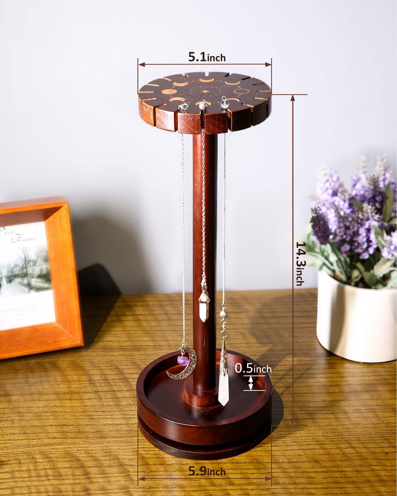 Moon Phase Pendulum Display Stand with Tray, Wood Wiccan Rotating Crystal Hol…