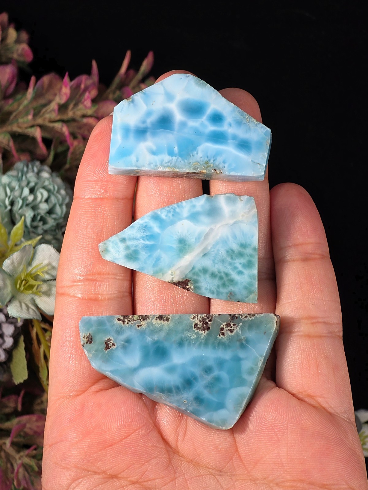 58G AAA LARIMAR SLAB LOT 3PCS – DOMINICAN REPUBLIC AQUAMARINE CRYSTAL AUTHENTIC