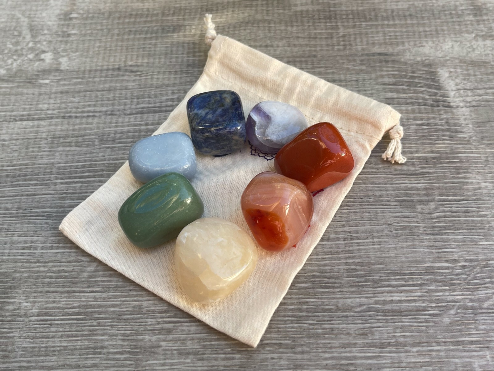Chakra Genuine Tumbled Stone Set 7 With Chakra Print Cotton Bag, Wholesale Bulk