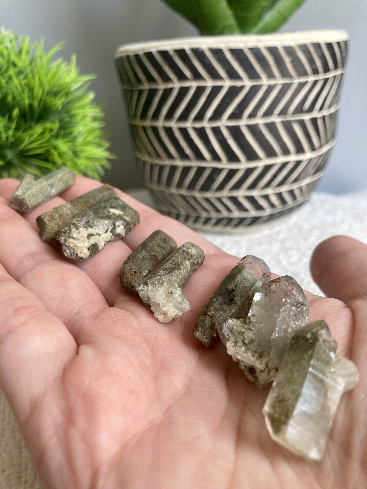 Natural Green Chlorite Quartz Crystal Points, Clusters, Raw Himalayan Quartz