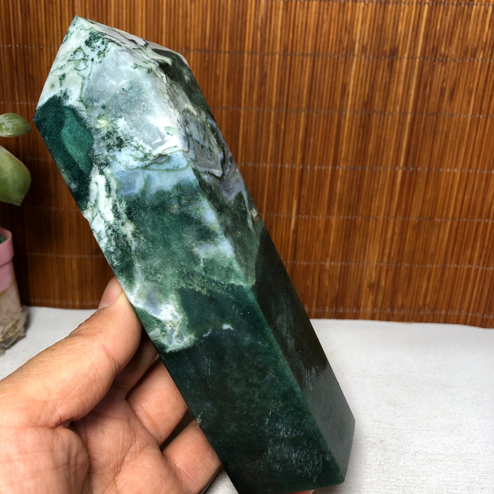 157mm Natural Polish Moss Agate Multiple veins Crystal Wand free standing A2286