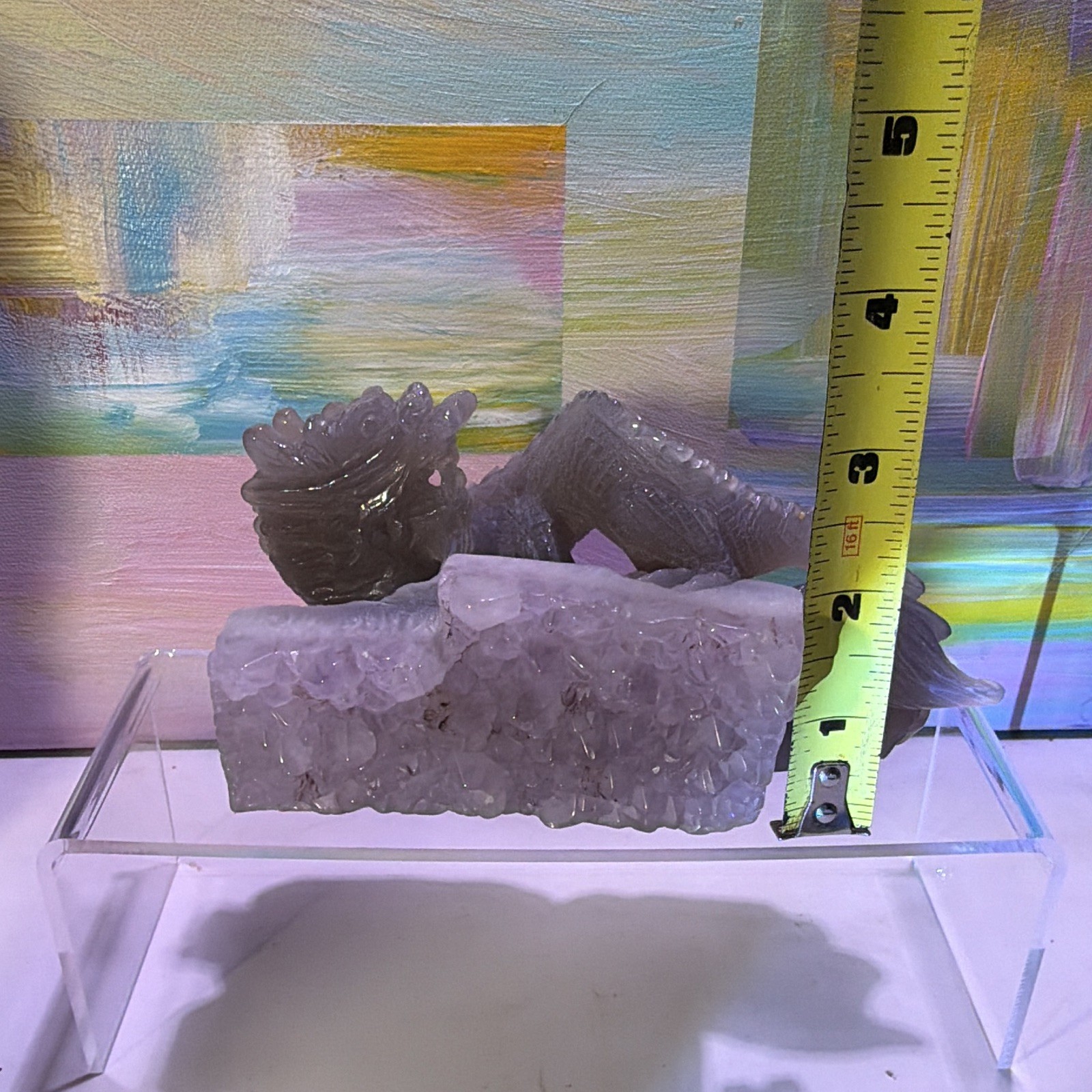 Carved Dragon Figure on Quartz Crystal Cluster Base Decorator Piece, 6 in