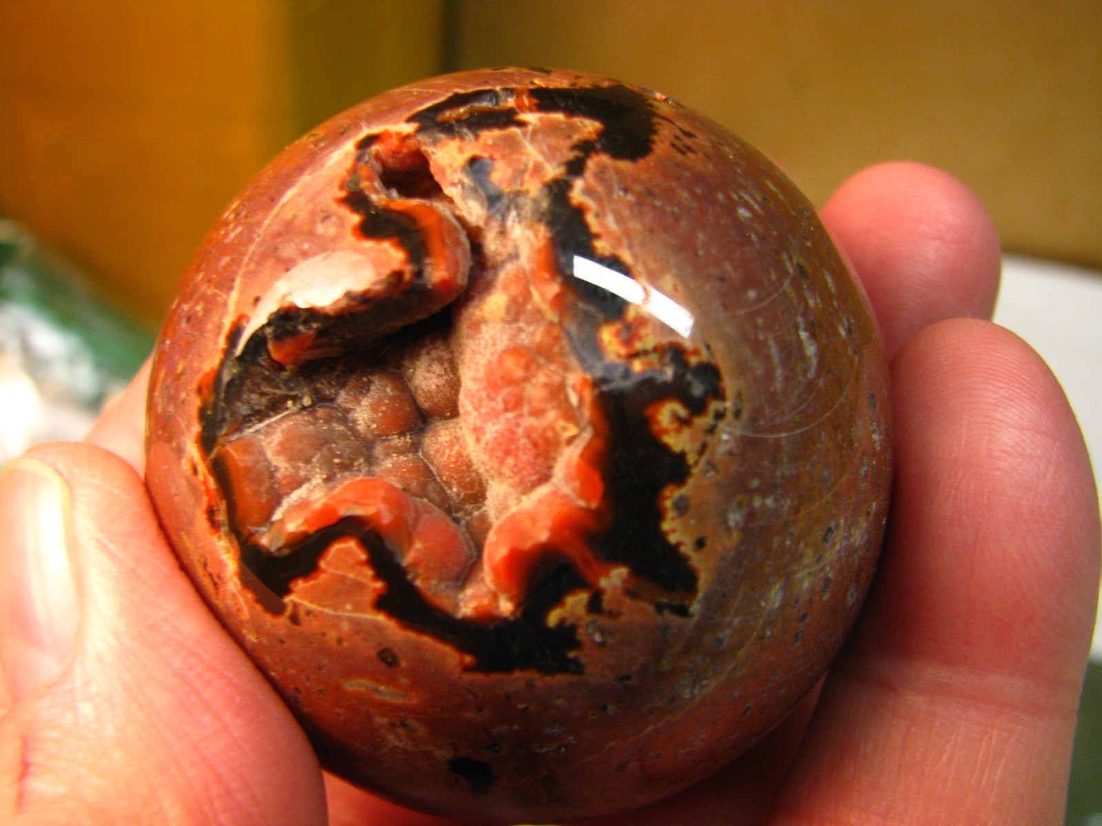 .43lb 2.15inch JASPER SPHERE RED & BLACK CHALCEDONY W/WOOD STAND MADAGASCAR #247