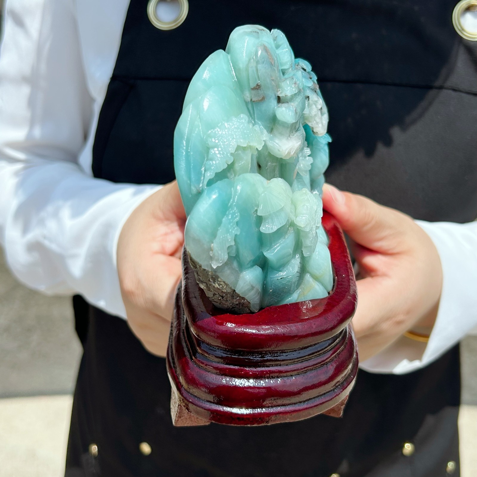 2.06LB Natural Amazonite Quartz Crystal Hand-Carved Mountain Scenery Sculpture