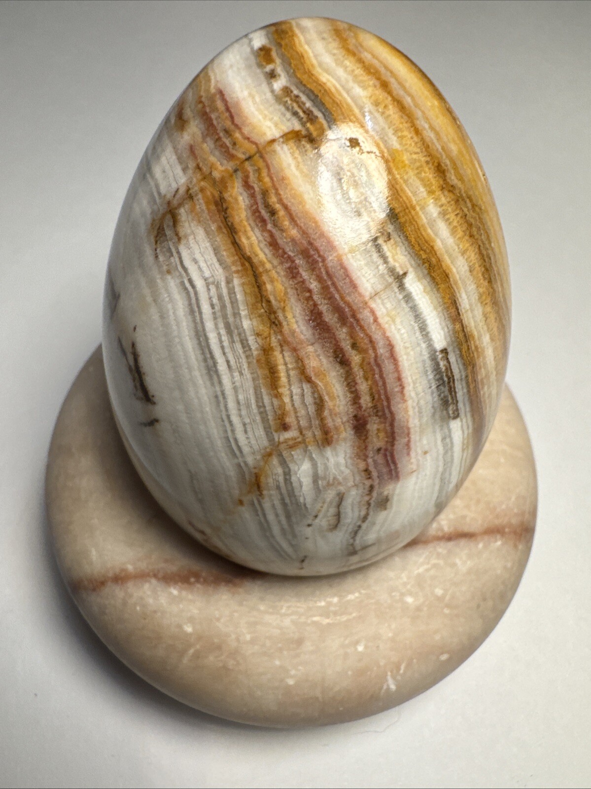 Vintage Beautiful Brown And White Tones Polished Onyx Egg With Marble Stand