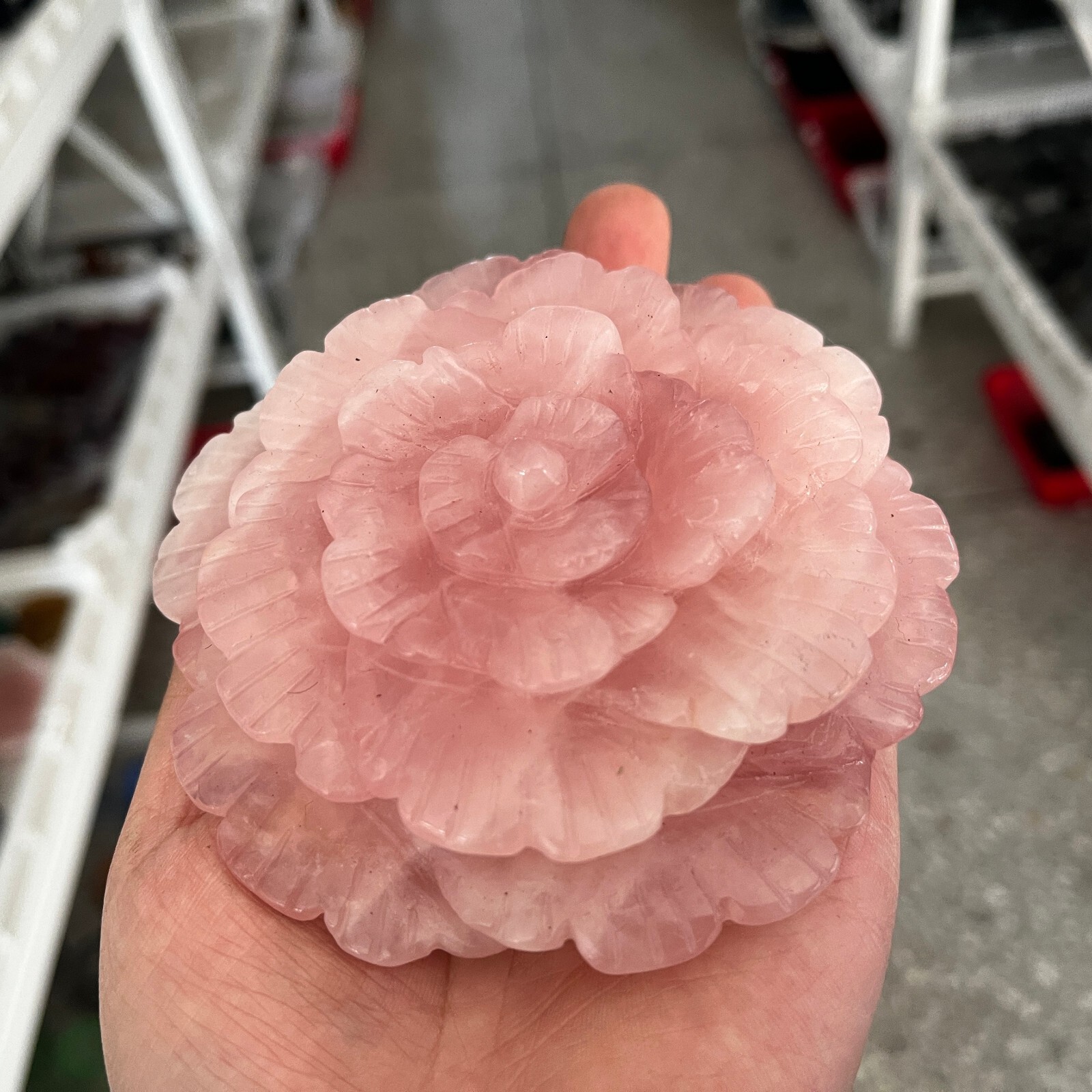 1PC Natural Pink rose Quartz Carved Peony Flower Skull Crystal Reiki gift