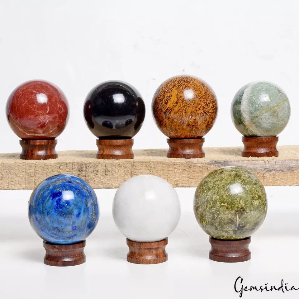 4880 Ct 7 Pcs Set Of Multigems Crystal Sphere Ball Polished Healing w/ Stand