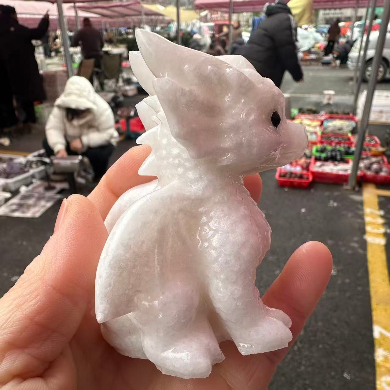 1pc Natural White Jade Quartz Carved Little Dragon Skull Crystal Reiki Decor