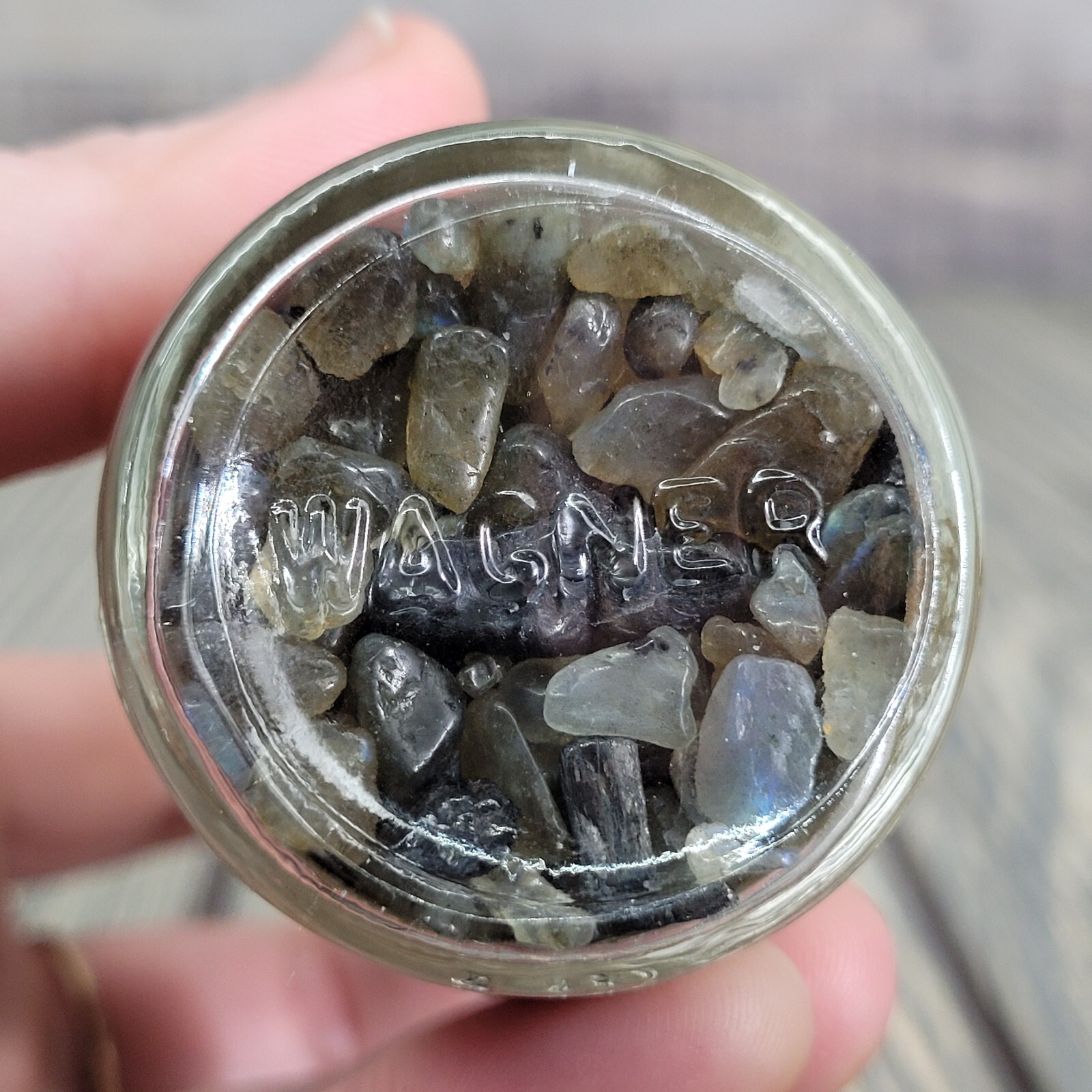 4oz Labradorite Crystal Tumbled Chips in Apothecary Vintage Glass Jar Wagner