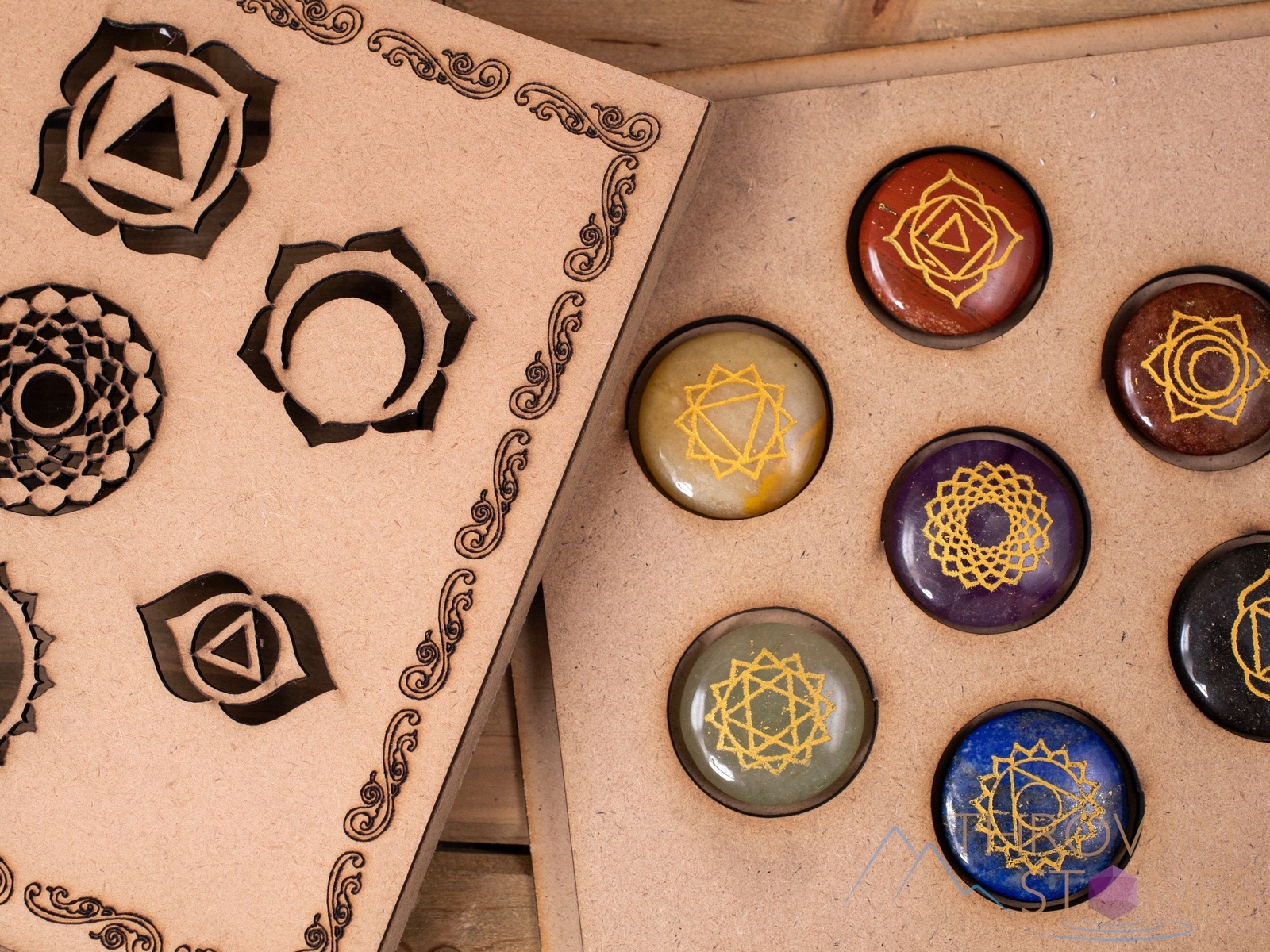 CHAKRA Crystals in Crystal Grid Board Wooden Box – Healing Self Care Kit, E1752