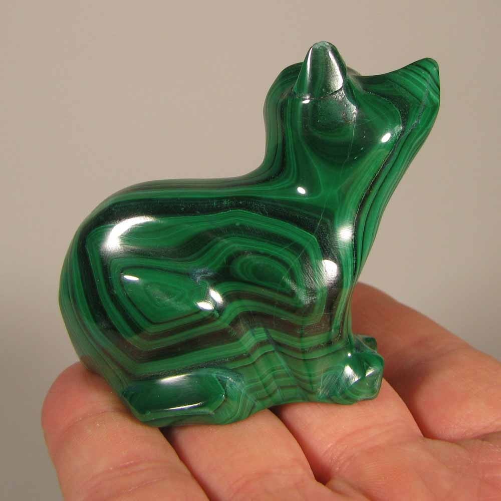 2.4″ Handcarved MALACHITE CAT Gemstone Animal Carving – Congo, Africa