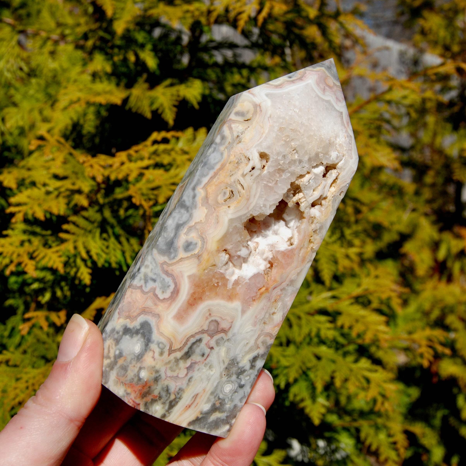 5.25in 1.2lb Pink Crazy Lace Agate Crystal Tower, Mexico