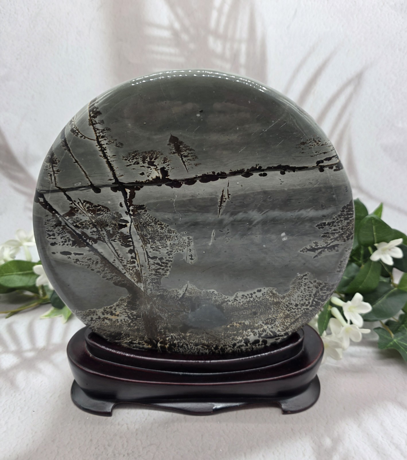 Large Picture Jasper Round Scenic Plaque 8” Polished Stone Disc With Wood Stand