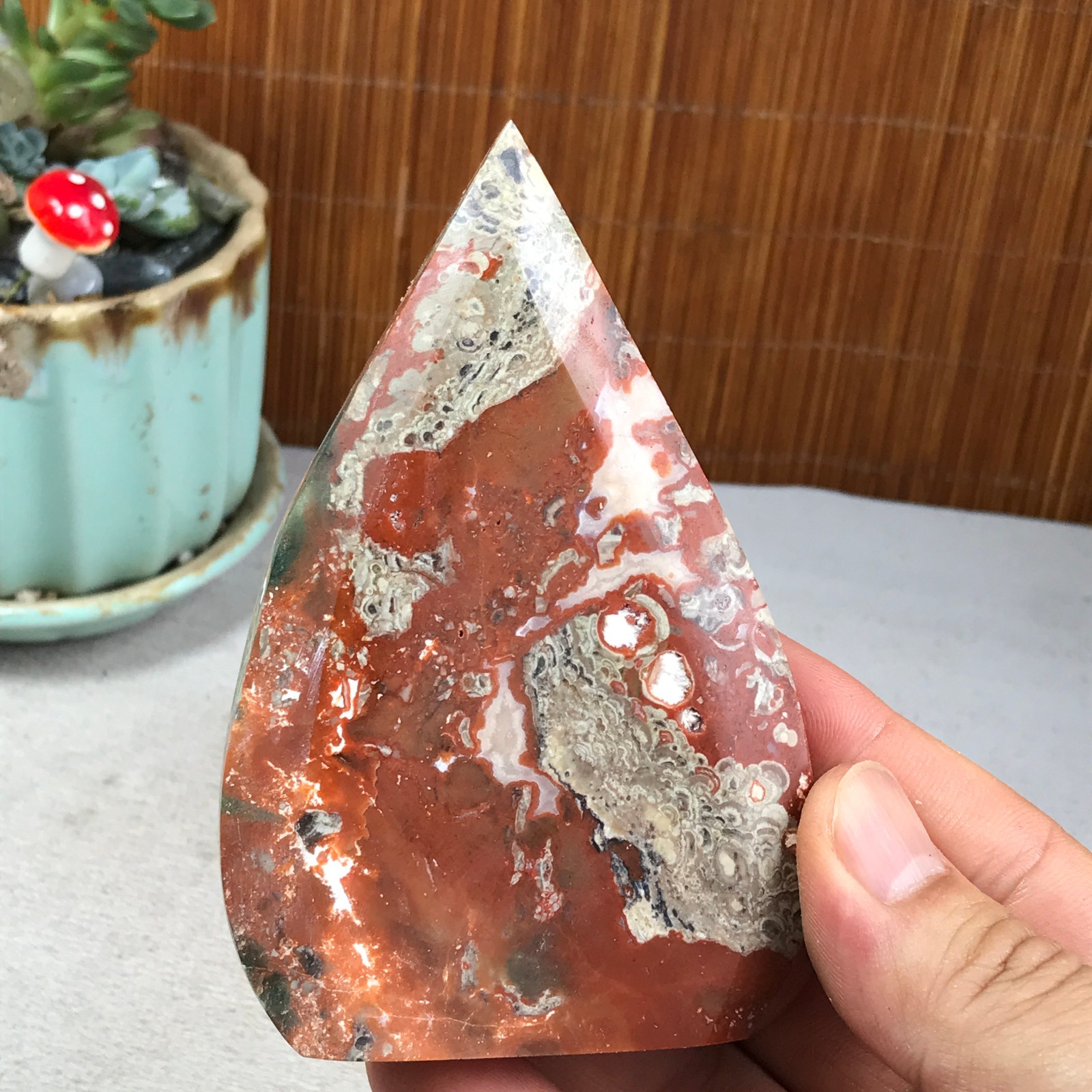 Natural money Mexico agate hand carve leaf Crystal Specimen free standing A6269