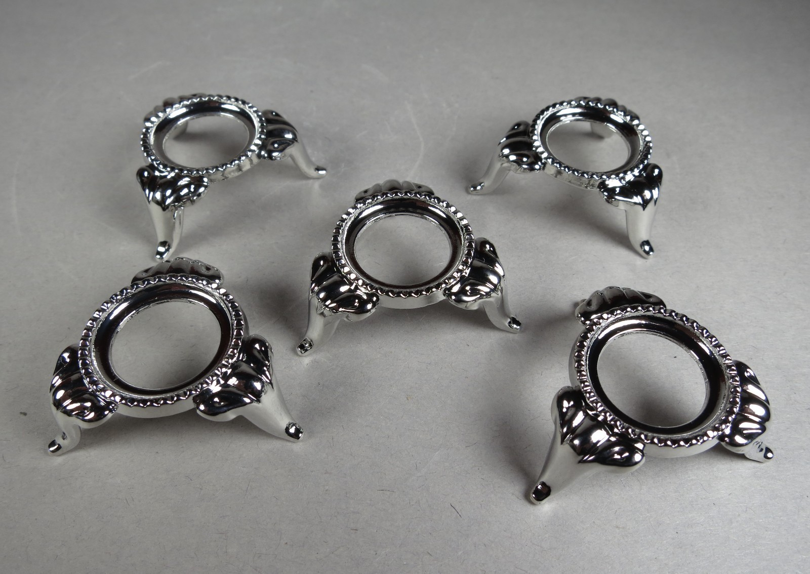 SET OF 5 SMALL NICKEL Sphere/Egg DISPLAY STANDS – SILVER