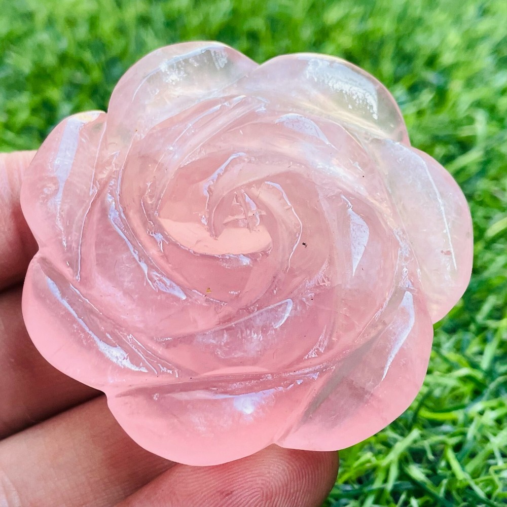 1pc Natural Pink Rose Quartz Carved Rose Flowers Crystal reiki Healing Gift