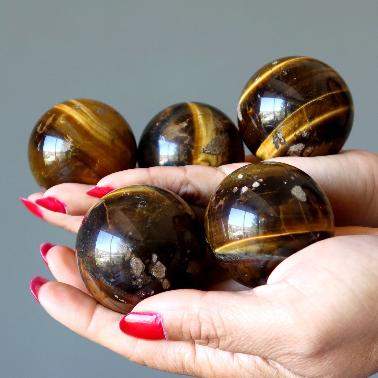 Lot of 5 Tigers Eye Sphere Bundle Golden Brown Natural Crystal Ball Bulk 1.8LBS