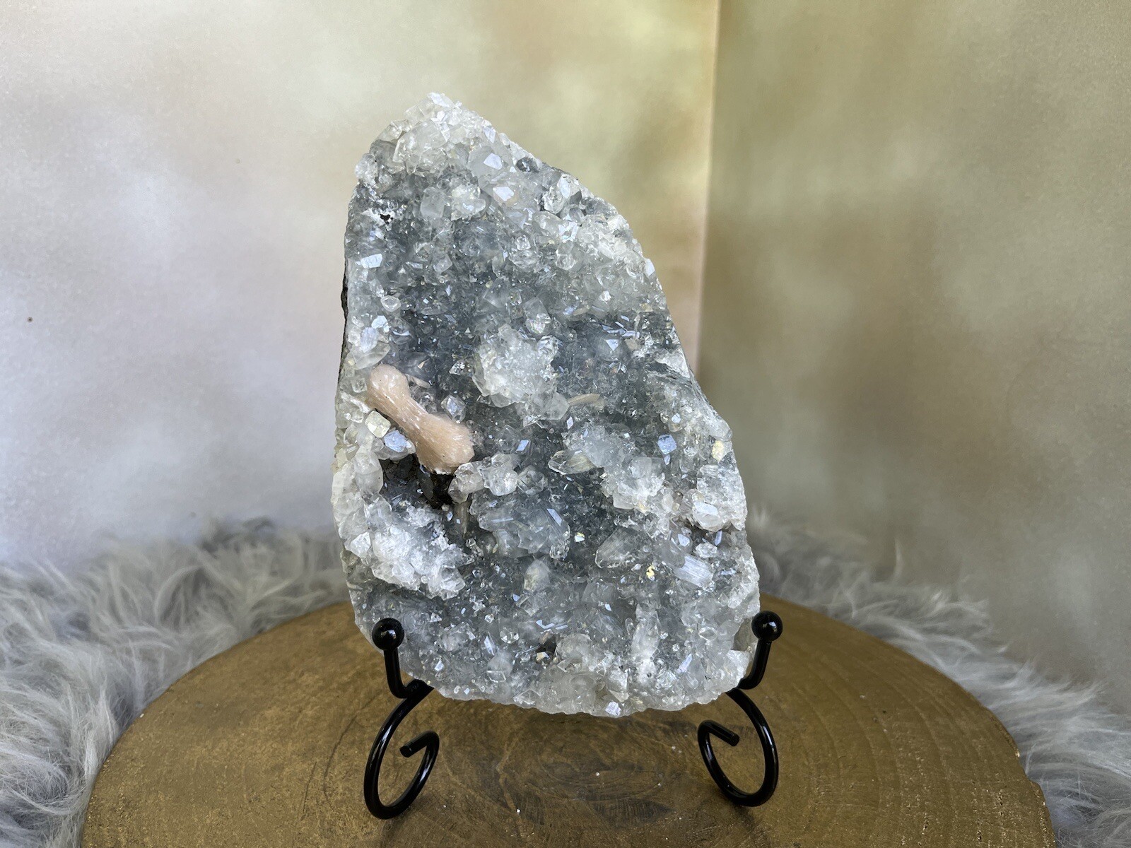 Peach Stilbite on Diamond Apophyllite And Blue/Grey Chalcedony