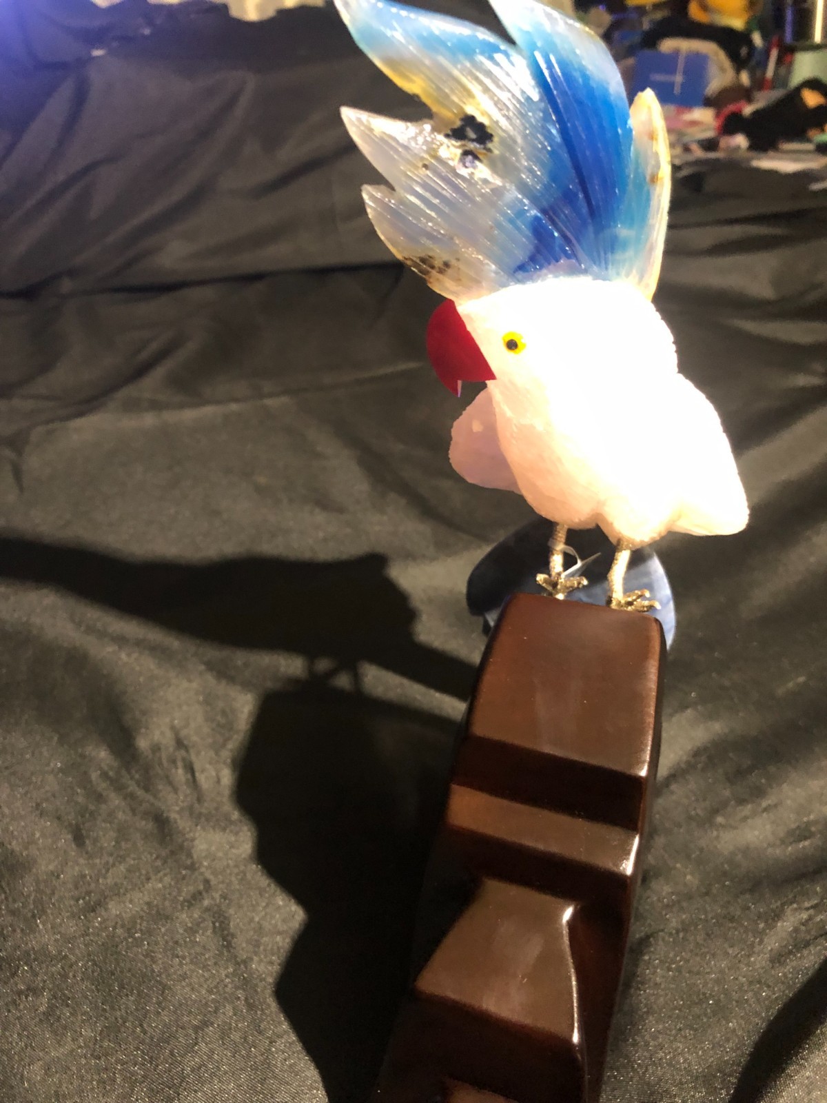 BEAUTIFUL PINK AND BLUE QUARTZ BIRD WITH WOODEN DESIGNED STAND ( NO-RESERVE )