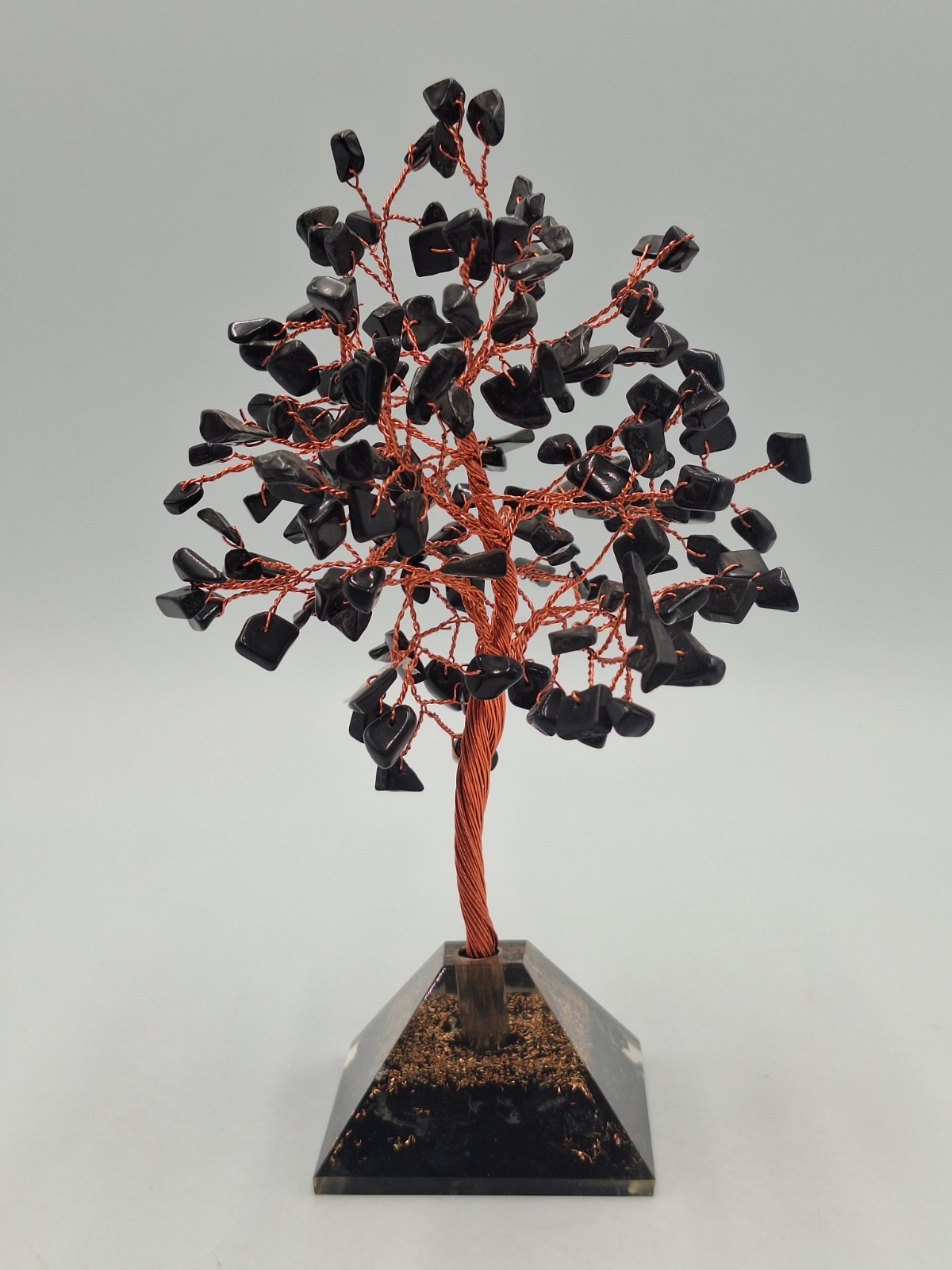 Black Tourmaline Crystal Gemstone Tree – Copper Color Wire Lucite Base 8″ EUC
