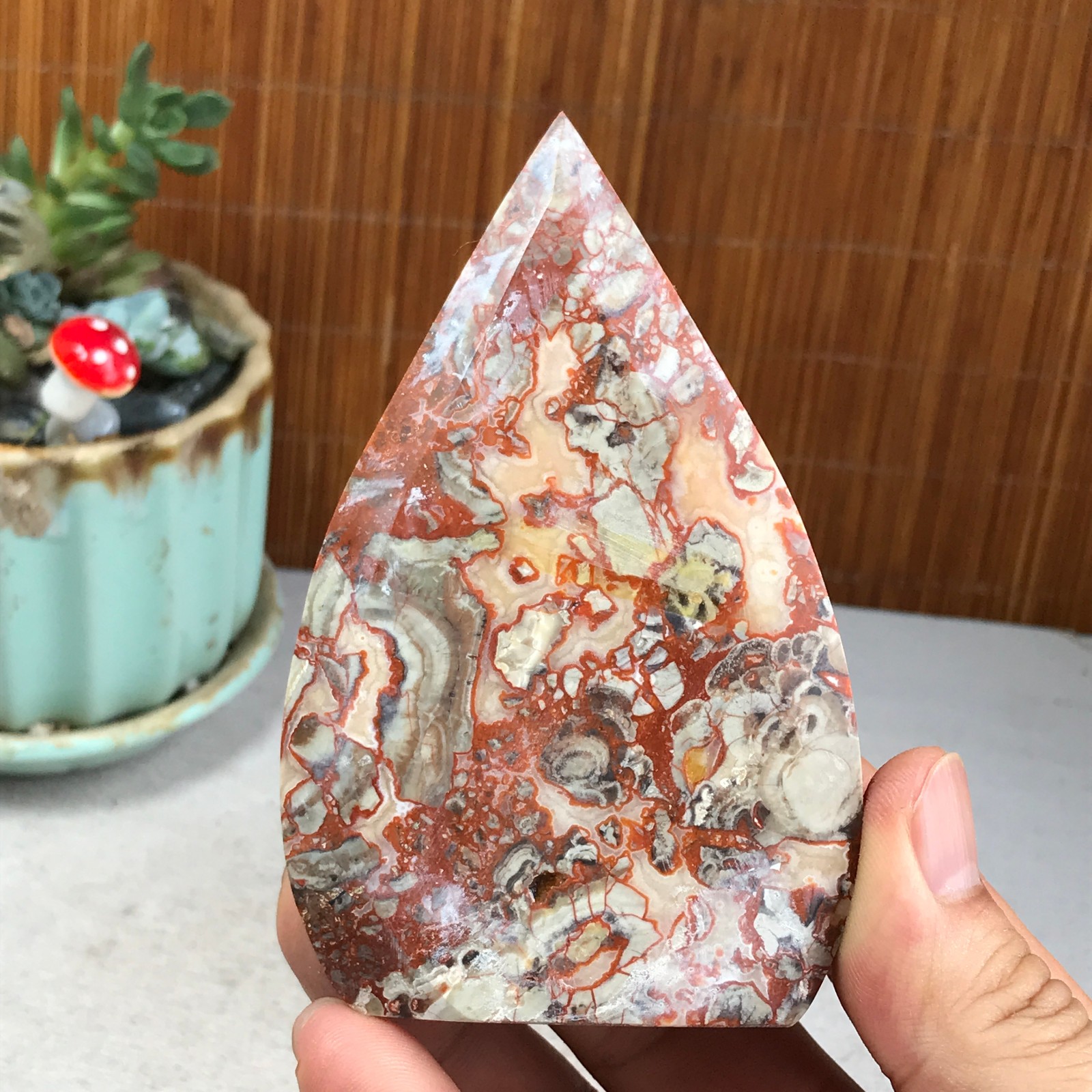 Natural money Mexico agate hand carve leaf Crystal Specimen free standing A6275