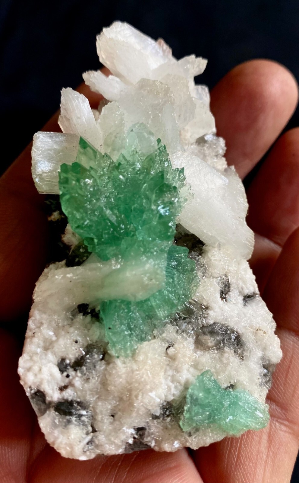 Apophyllite deep green pointed crystal on Stilbite # 54