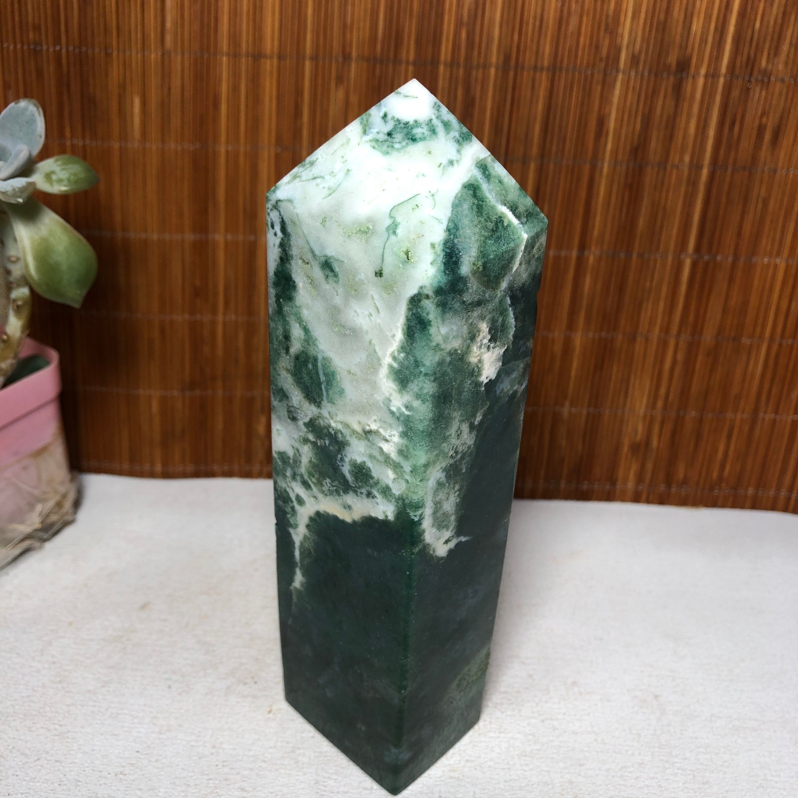 150mm Natural Polish Moss Agate Multiple veins Crystal Wand free standing A2284