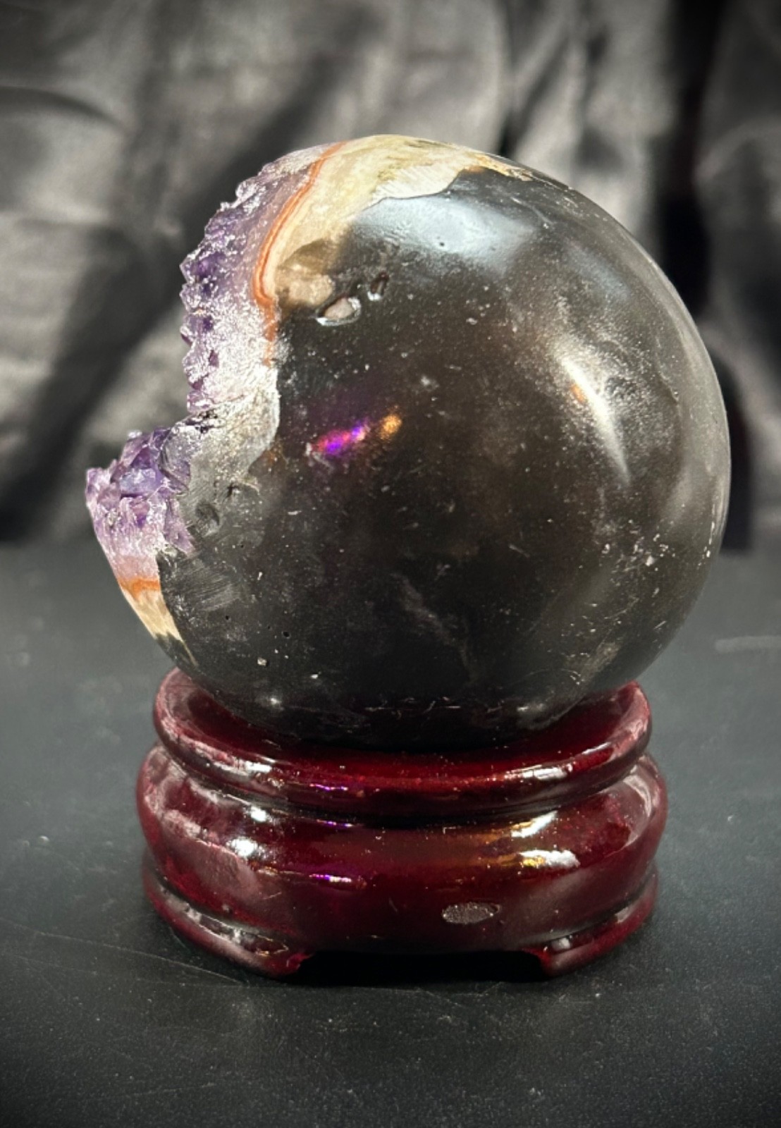 2.43″ diameter Amethyst Pac Man Specimen With Wood Stand 10.2oz