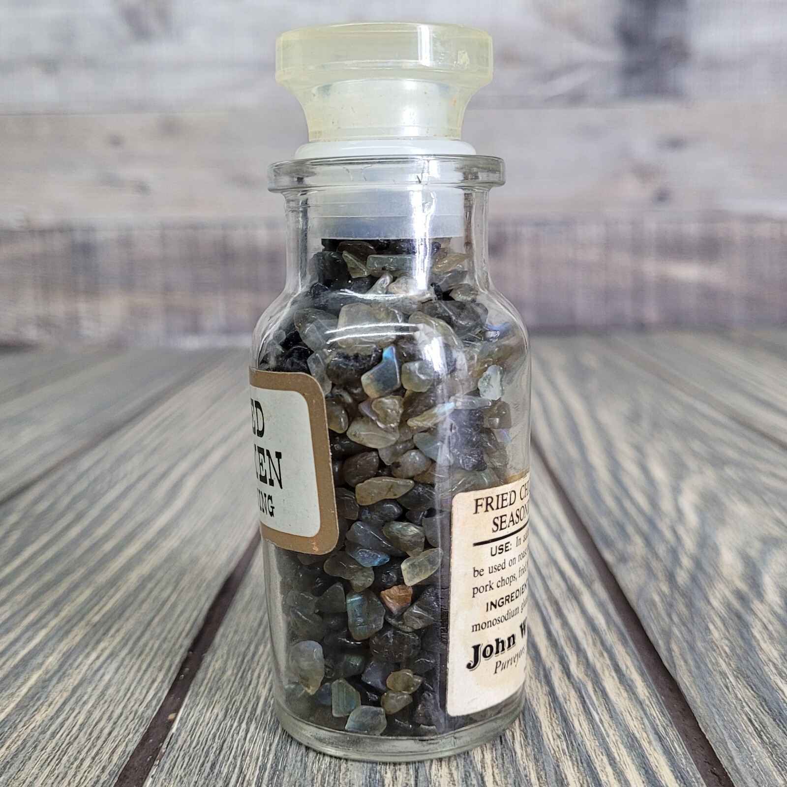 4oz Labradorite Crystal Tumbled Chips in Apothecary Vintage Glass Jar Wagner