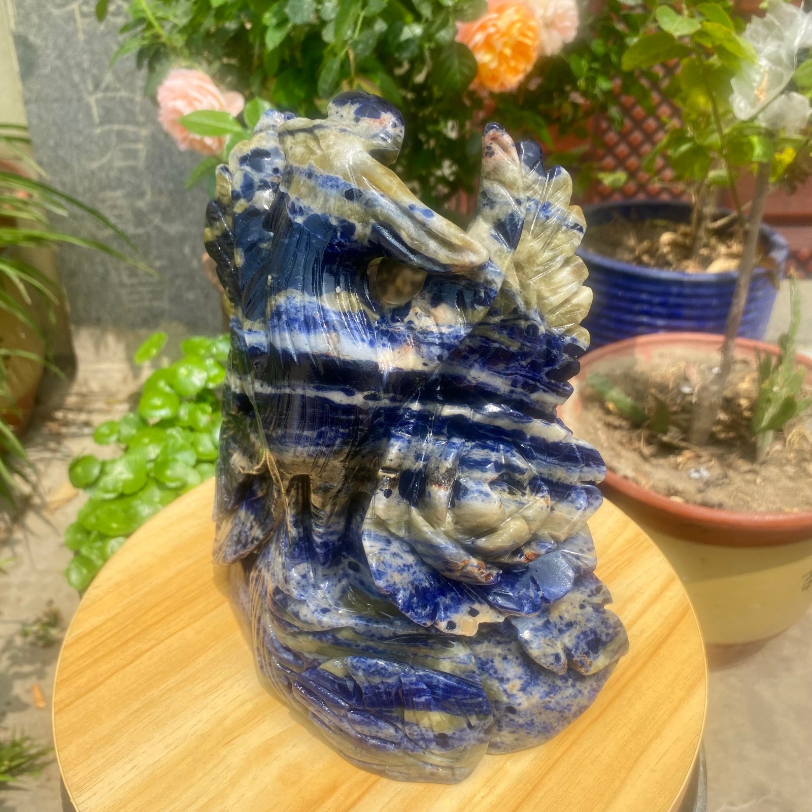 6.61LB Natural Blue Vein Stone Phoenix Carving, Home Decoration