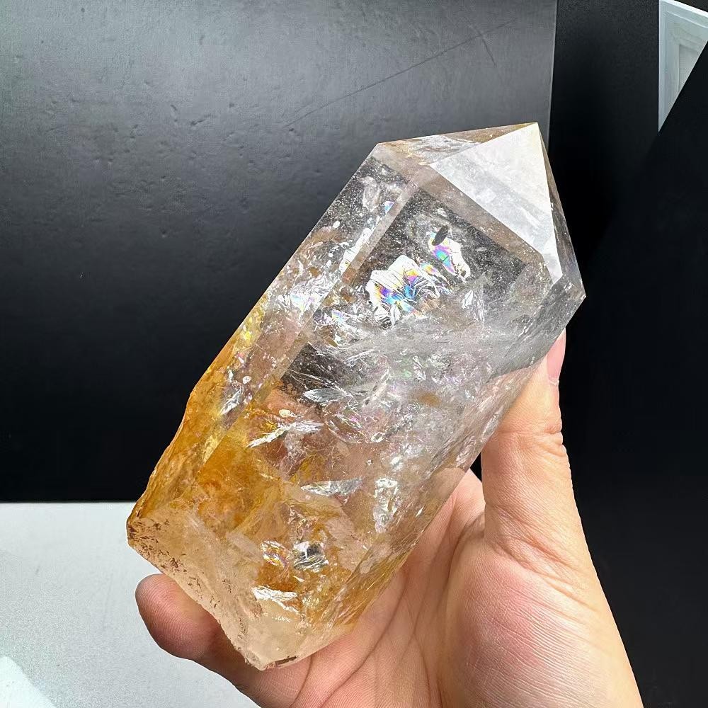 2.2LB Natural Rainbow White Quartz Obelisk Crystal Energy Tower Reiki +Stand