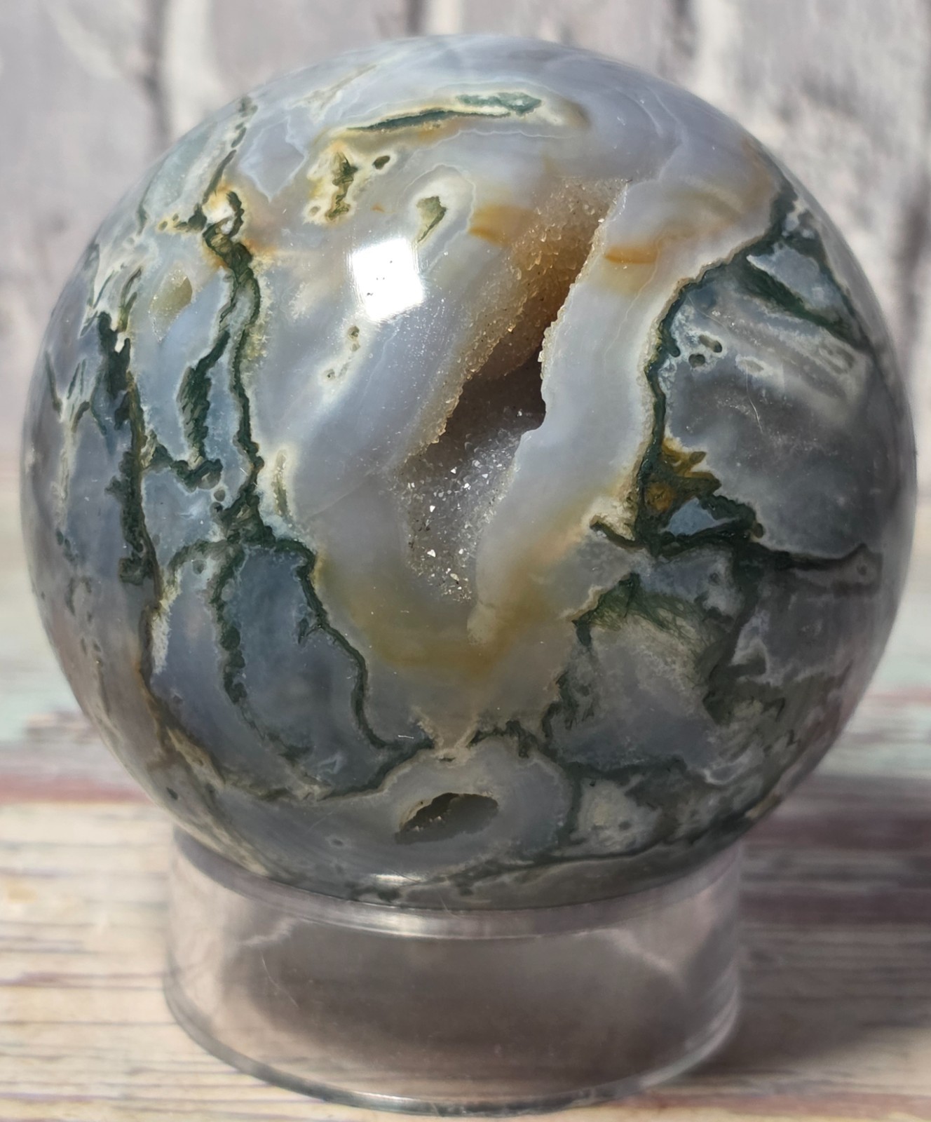 4 Crystal Sphere Display Set Moss Agate Bronzite Rose Quartz Quartz Wood Stand