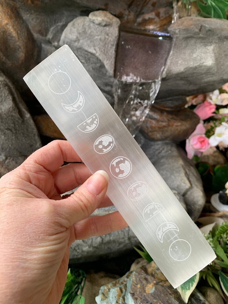 8” Moon Phase Wand, Selenite Gemstone, White Selenite, Gypsum Crystals, Selenite